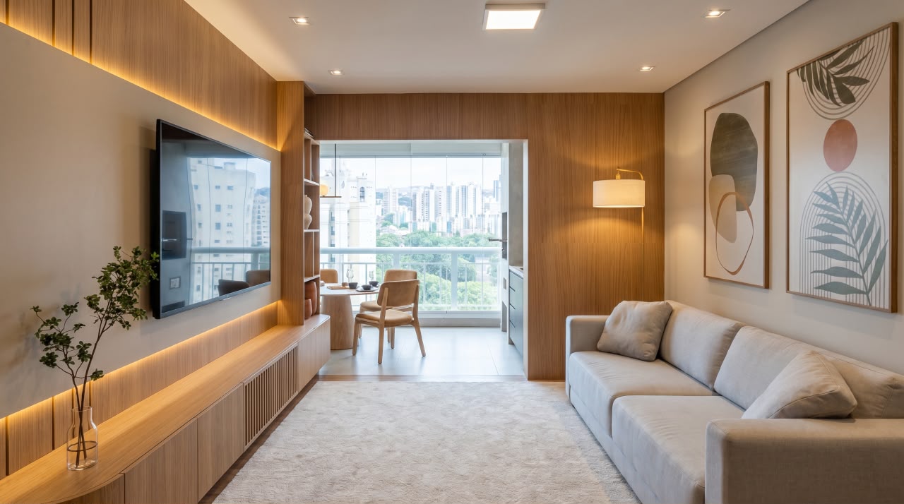 Render da sala do apartamento Morumbi com painel amadeirado e iluminação embutida
