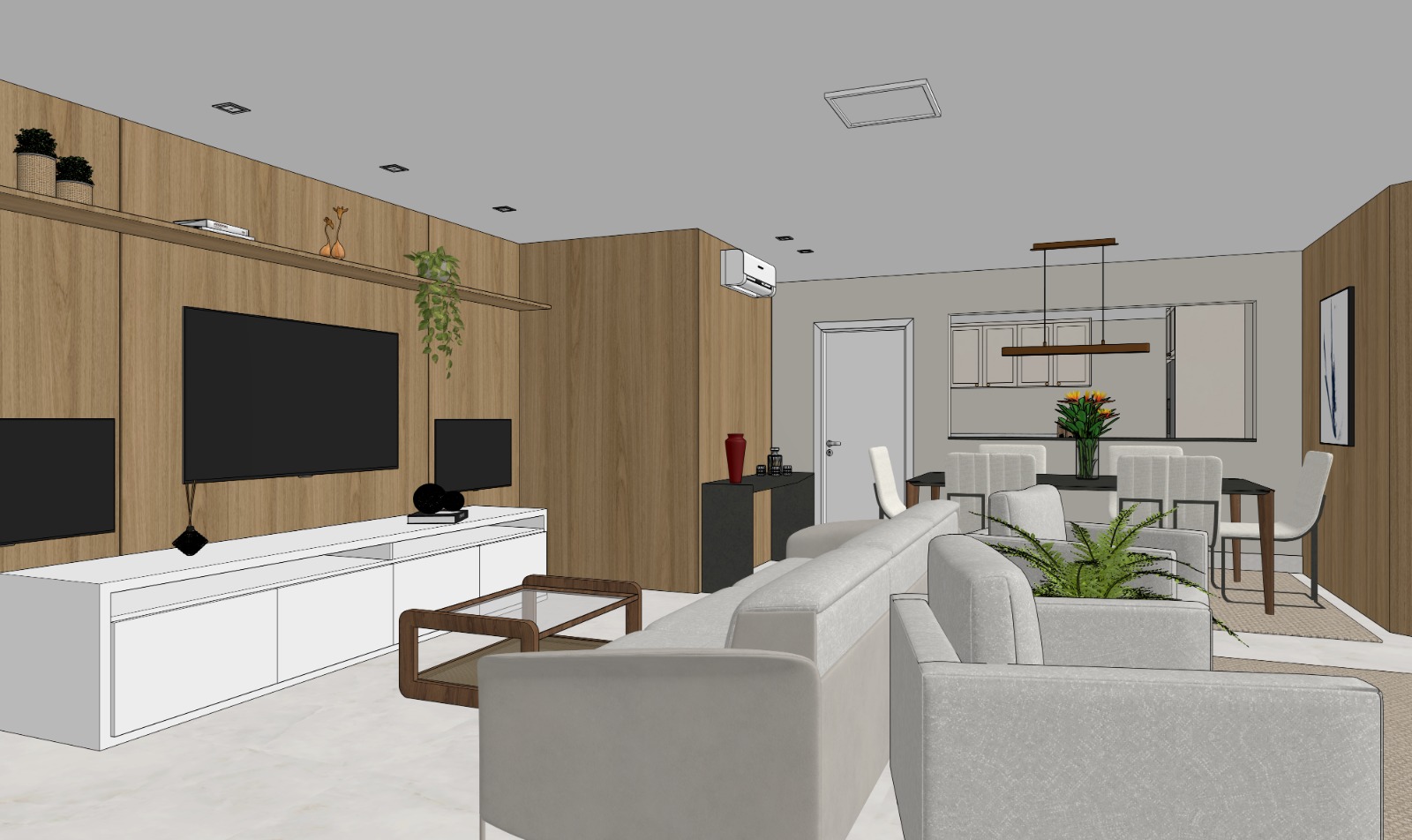Projeto 3D da sala do apartamento Vila Mariana