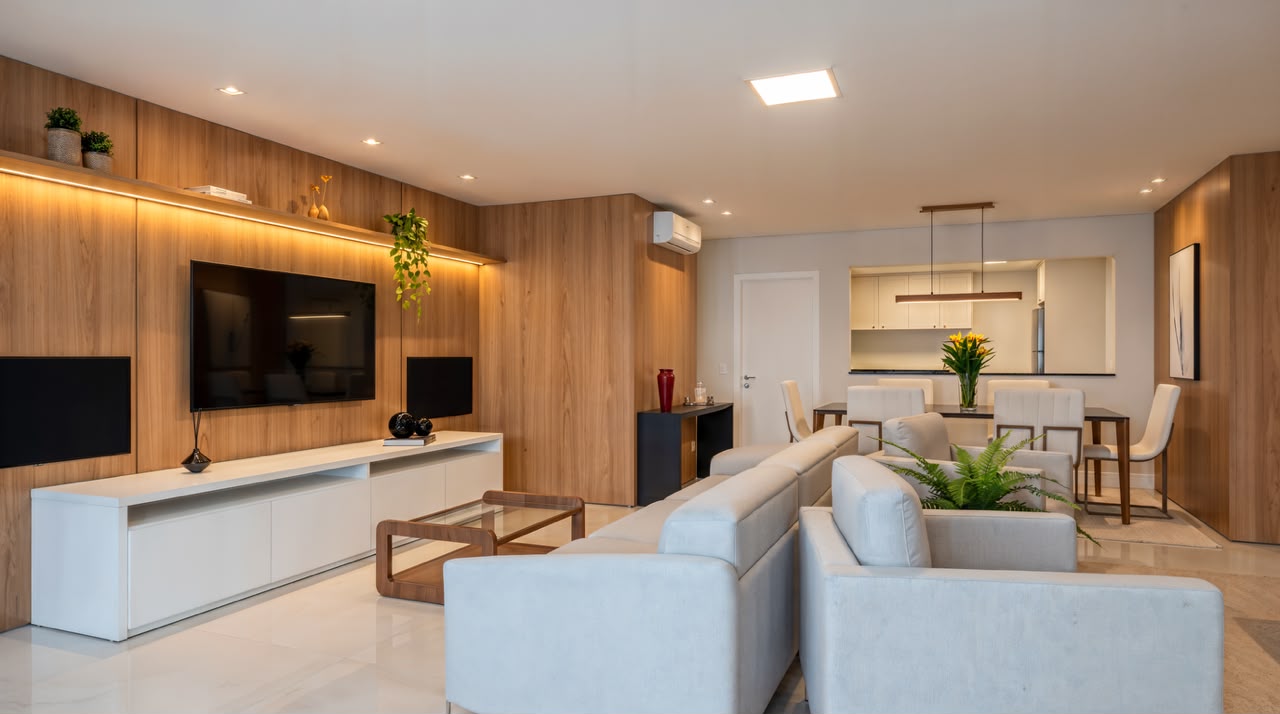 Sala do apartamento Vila Mariana entregue, com painel de madeira e iluminação em LED
